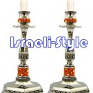 84933 - PAIR 'NICKEL CANDLESTICKS, ORANGE FIMO DECORATION- 25 CM