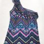 One Shoulder Medium Blue Black Purple Green Ruffled Dress Geometric Pattern