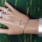 Cross Hand Chain Slave Bracelet Rings Hammered Style Cuff Bangle Boho Chains Matte Silver Crystals