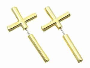 Sideways Cross Earrings Designer Style Gold Punk Armor Tribal Cylinder Shape