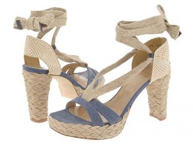Stuart Weitzman Womens Size 9.5 Espadrille Shoes Bandana Navy Denim Lace Ankle Wrap Platform Heels