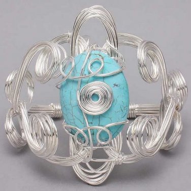 Chunky Wire Wrap Faux Turquoise Stone Cuff Bracelet Blue Designer Style Silver Plated