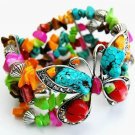 Butterfly Bracelet Natural Turquoise Stones Crystals Beads Antique Silver Stretch