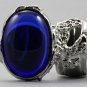 Arty Oval Ring Sapphire Vintage Glass Blue Silver Chunky Armor Knuckle Art Statement Deco Size 8