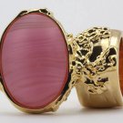 Arty Oval Ring Frosted Pink Glass Vintage Gold Armor Knuckle Art Statement Avant Garde Size 6