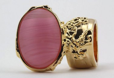 Arty Oval Ring Frosted Pink Glass Vintage Gold Armor Knuckle Art Statement Avant Garde Size 6