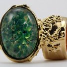 Arty Oval Ring Green Opal Vintage Glass Gold Chunky Armor Knuckle Art Statement Cage Deco Size 4.5