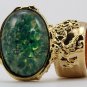 Arty Oval Ring Green Opal Vintage Glass Gold Chunky Armor Knuckle Art Statement Cage Deco Size 6
