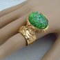 Arty Oval Ring Green Opal Vintage Glass Gold Chunky Armor Knuckle Art Statement Cage Deco Size 6