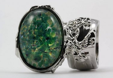 Arty Oval Ring Green Opal Vintage Glass Silver Chunky Armor Knuckle Art Statement Cage Deco Size 5