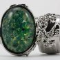 Arty Oval Ring Green Opal Vintage Glass Silver Chunky Armor Knuckle Art Statement Cage Deco Size 8