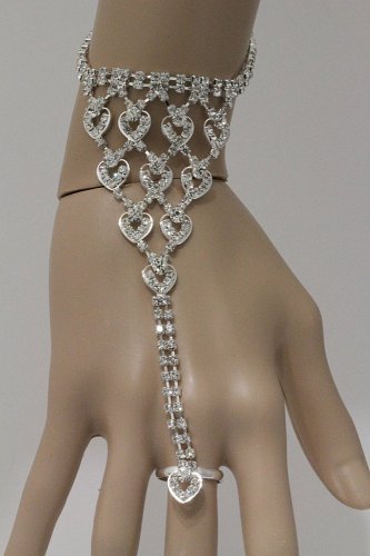 Bridal Hand Chain & Ring Combo Heart Crystals Bracelet Silver Body Jewelry Evening Wedding Fashion