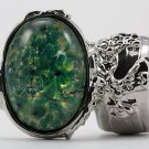 Arty Oval Ring Green Opal Vintage Glass Silver Chunky Armor Knuckle Art Statement Cage Deco Size 10