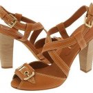 BCBG Max Azria Isreal Womens 9.5 Shoes Chunky Heels Pumps Dark Tan Criss Cross Straps Buckle Leather