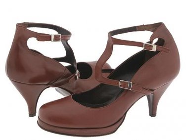 Type Z Gemma T-Strap Shoes Strappy Pump Heels Brown Leather Buckles Made in Italy Womens Size 8