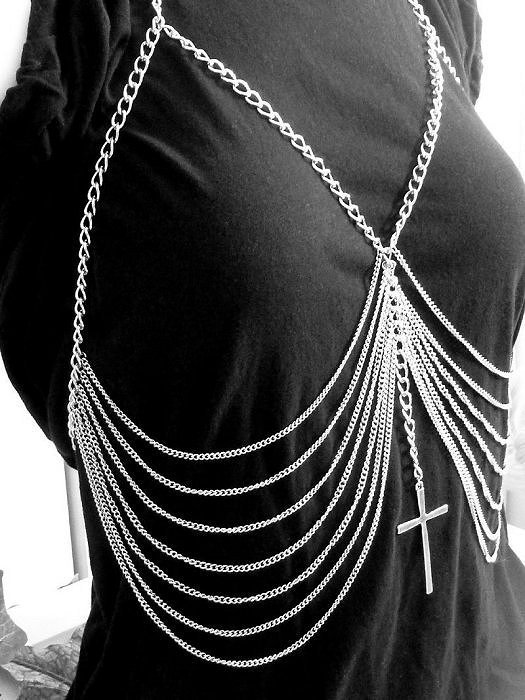Body Chain Ribcage Harness with Large Cross Pendant Silver Armor Boho ...