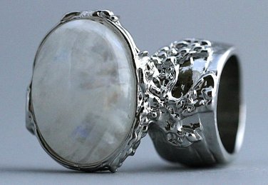 Arty Oval Ring Moonstone Gemstone Gem Silver Chunky Knuckle Art Statement Avant Garde Size 6