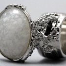 Arty Oval Ring White Specks Chunky Silver Armor Vintage Knuckle Art Statement Avant Garde Size 8.5