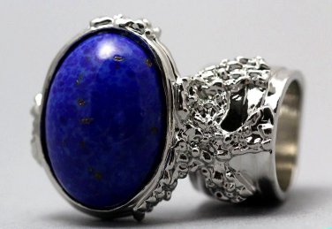 Arty Oval Ring Lapis Blue Vintage Glass Gold Flecks Chunky Silver Knuckle Art Statement Size 8