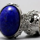 Arty Oval Ring Lapis Blue Vintage Glass Gold Flecks Chunky Silver Knuckle Art Statement Size 9