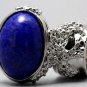 Arty Oval Ring Lapis Blue Vintage Glass Gold Flecks Chunky Silver Knuckle Art Statement Size 9
