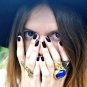 Arty Oval Ring Lapis Blue Vintage Glass Gold Flecks Chunky Silver Knuckle Art Statement Size 9
