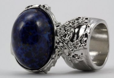 Arty Oval Ring Lapis Blue Vintage Glass Gold Flecks High Domed Chunky Silver Knuckle Art Size 5