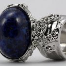 Arty Oval Ring Lapis Blue Vintage Glass Gold Flecks High Domed Chunky Silver Knuckle Art Size 6