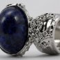 Arty Oval Ring Lapis Blue Vintage Glass Gold Flecks High Domed Chunky Silver Knuckle Art Size 6