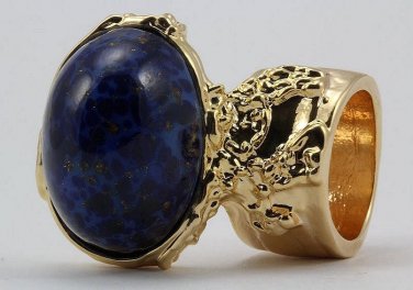 Arty Oval Ring Lapis Blue Vintage Glass Gold Flecks High Domed Statement Chunky Knuckle Art Size 4.5