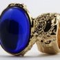 Arty Oval Ring Sapphire Blue Vintage Glass Gold Chunky Armor Knuckle Art Statement Deco Size 4.5