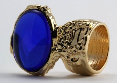 Arty Oval Ring Sapphire Blue Vintage Glass Gold Chunky Armor Knuckle Art Statement Deco Size 4.5