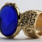Arty Oval Ring Sapphire Blue Vintage Glass Gold Chunky Armor Knuckle Art Statement Deco Size 4.5