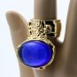 Arty Oval Ring Sapphire Blue Vintage Glass Gold Chunky Armor Knuckle Art Statement Deco Size 4.5