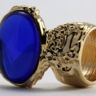 Arty Oval Ring Sapphire Blue Vintage Glass Gold Chunky Armor Knuckle Art Statement Deco Size 10