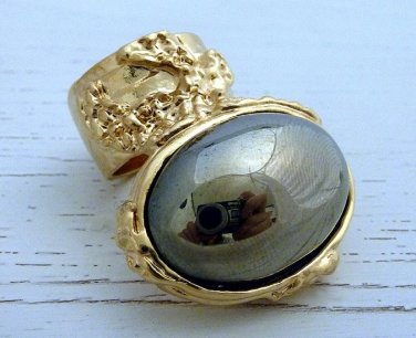 Arty Oval Ring Hematite Mirror Vintage Gold Chunky Armor Knuckle Art Statement Avant Garde Size 10