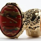 Arty Oval Ring Carnelian Terra Cotta Orange Gold Chunky Armor Knuckle Art Statement Deco Size 4.5