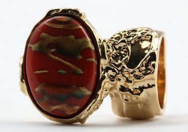 Arty Oval Ring Carnelian Terra Cotta Orange Gold Chunky Armor Knuckle Art Statement Deco Size 10