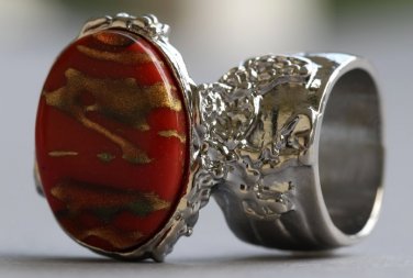 Arty Oval Ring Carnelian Terra Cotta Orange Silver Chunky Armor Knuckle Art Statement Deco Size 8.5