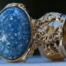 Arty Oval Ring Blue Glitter Opal Vintage Designer Gold Chunky Armor Knuckle Art Statement Size 4.5