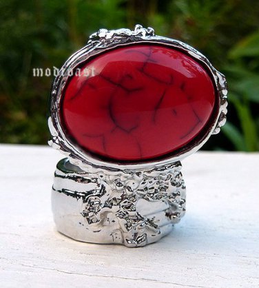 Arty Oval Ring Red Black Silver Knuckle Art Chunky Artsy Armor Avant Garde Statement Size 9