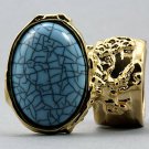 Arty Oval Ring Turquoise Blue Gold Chunky Armor Knuckle Art Avant Garde Fashion Statement Size 4.5