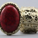 Arty Oval Ring Red Gold Chunky Armor Knuckle Art Statement Avant Garde Stretch Size 7 - 8.5