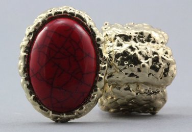 Arty Oval Ring Red Gold Chunky Armor Knuckle Art Statement Avant Garde Stretch Size 7 - 8.5