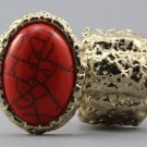 Arty Oval Ring Orange Coral Gold Chunky Knuckle Art Statement Avant Garde Stretch Size 7 - 8.5