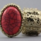 Arty Oval Ring Pink Coral Gold Chunky Knuckle Art Statement Stretch Size 7 - 8.5