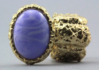 Arty Oval Ring Purple Swirl Gold Chunky Knuckle Art Statement Avant Garde Stretch Size 7 - 8.5