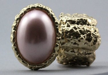 Arty Oval Ring Rose Pearl Gold Chunky Knuckle Art Statement Avant Garde Stretch Size 7 - 8.5