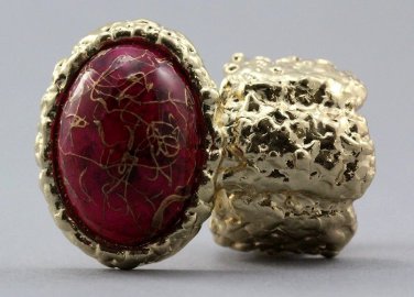 Arty Oval Ring Pink Drizzle Gold Chunky Knuckle Art Statement Avant Garde Stretch Size 7 - 8.5