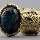 Arty Oval Ring Blue Drizzle Gold Chunky Knuckle Art Statement Avant Garde Stretch Size 7 - 8.5